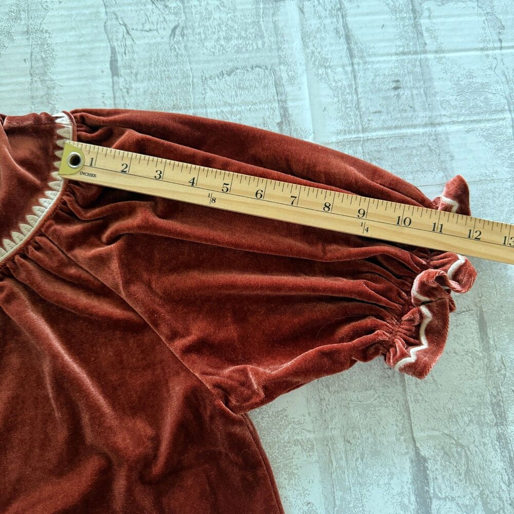 THML Rust Orange Velvet Embroidered Split Neck Tassel Peasant Blouse Top Sz S - Picture 7 of 9